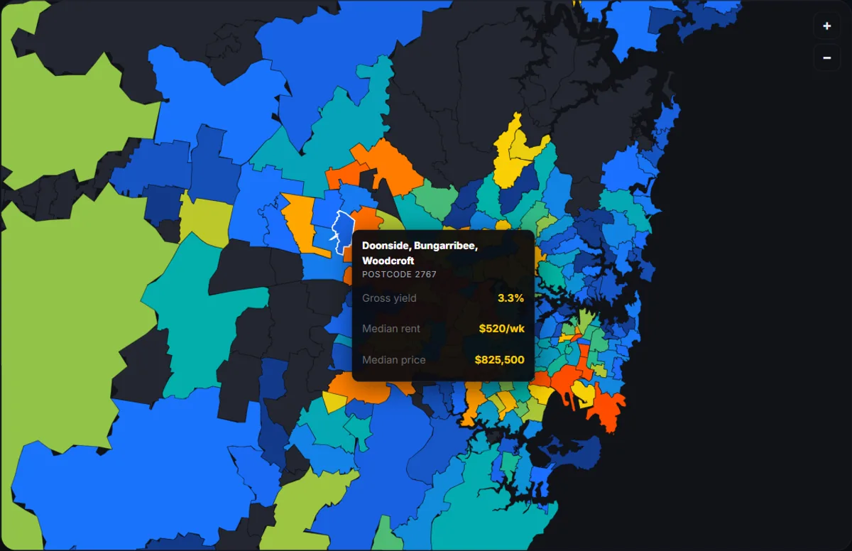 Sydney rental yield map by suburb and postcode, coloured by gross rental yield — interactive NSW choropleth from Valuer-General sales and Fair Trading bond data